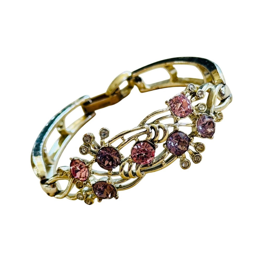 Kramer NY Floral Bracelet VTG Pink Purple Crystal Rhinestone Jeweled Gold Tone